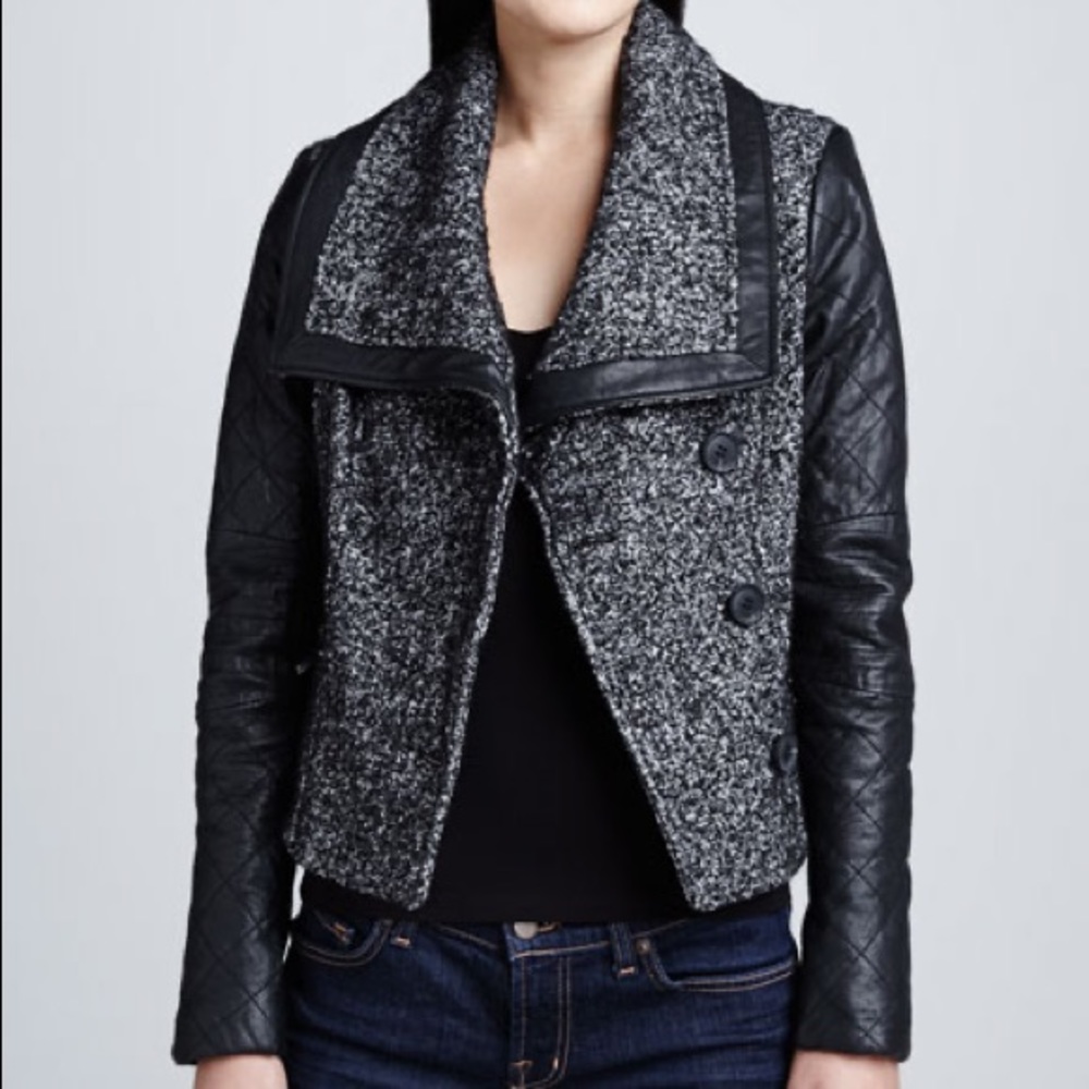 BCBG Tweed Jacket with Leather Sleeves